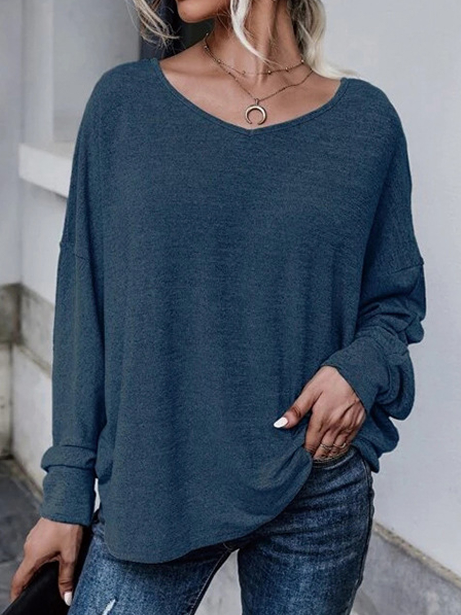 Casual Solid Color Loose Back Tie Back Crew Neck Long Sleeve T Shirt