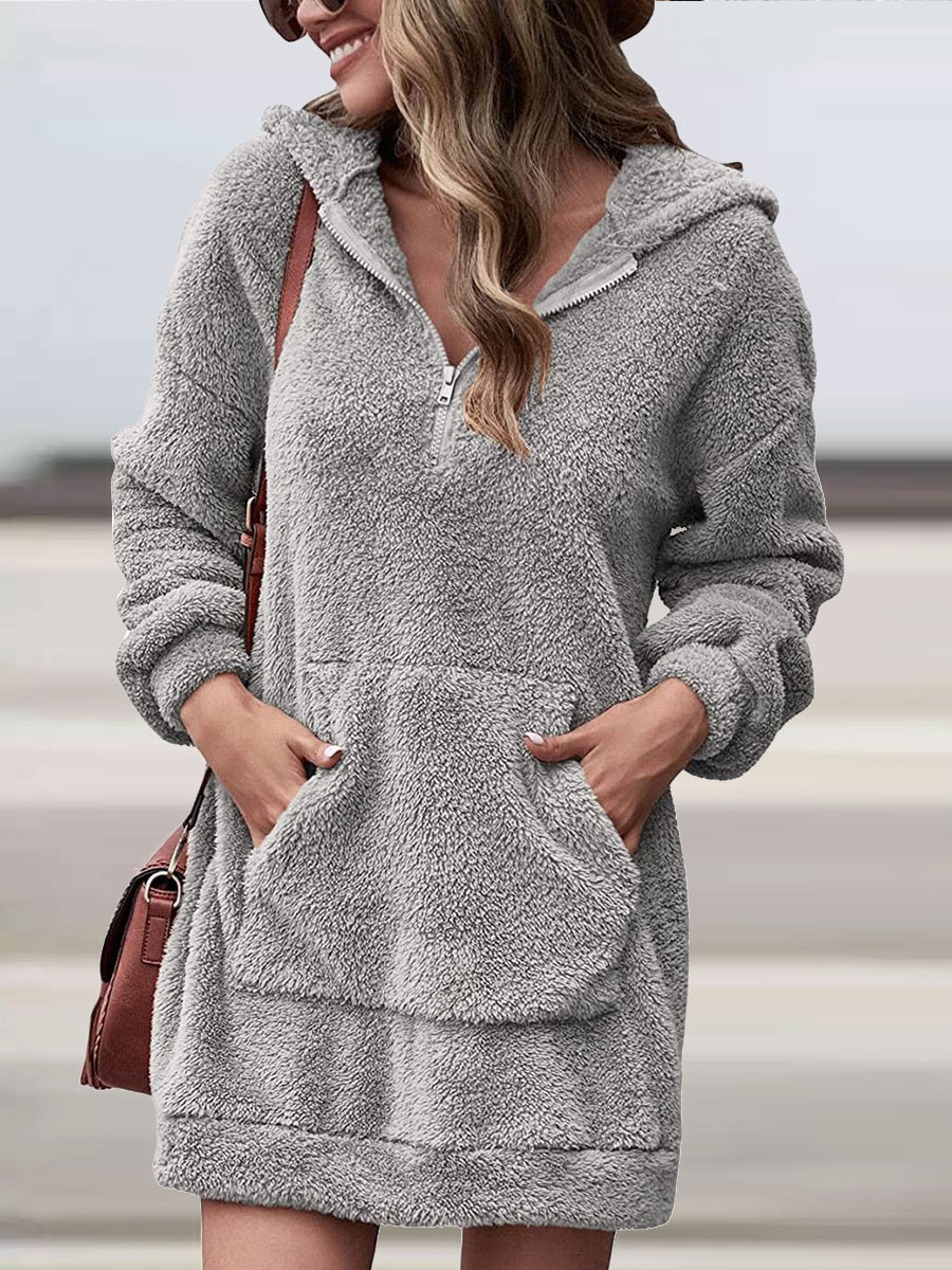 Casual Loose Solid Lamb Chic Wool Hooded Long Sleeve Short Dress