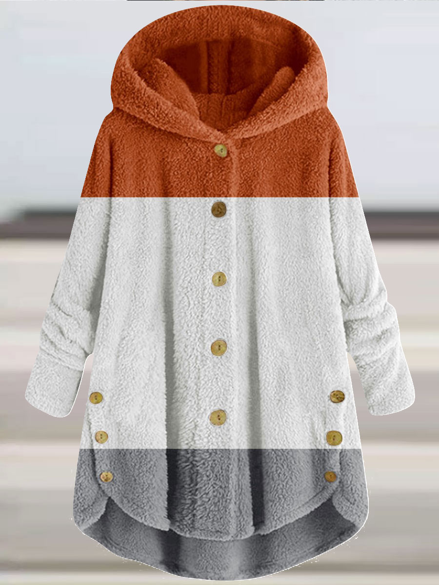 Casual Oversized Colorblock Lambsool Hooded Cardigan Coat