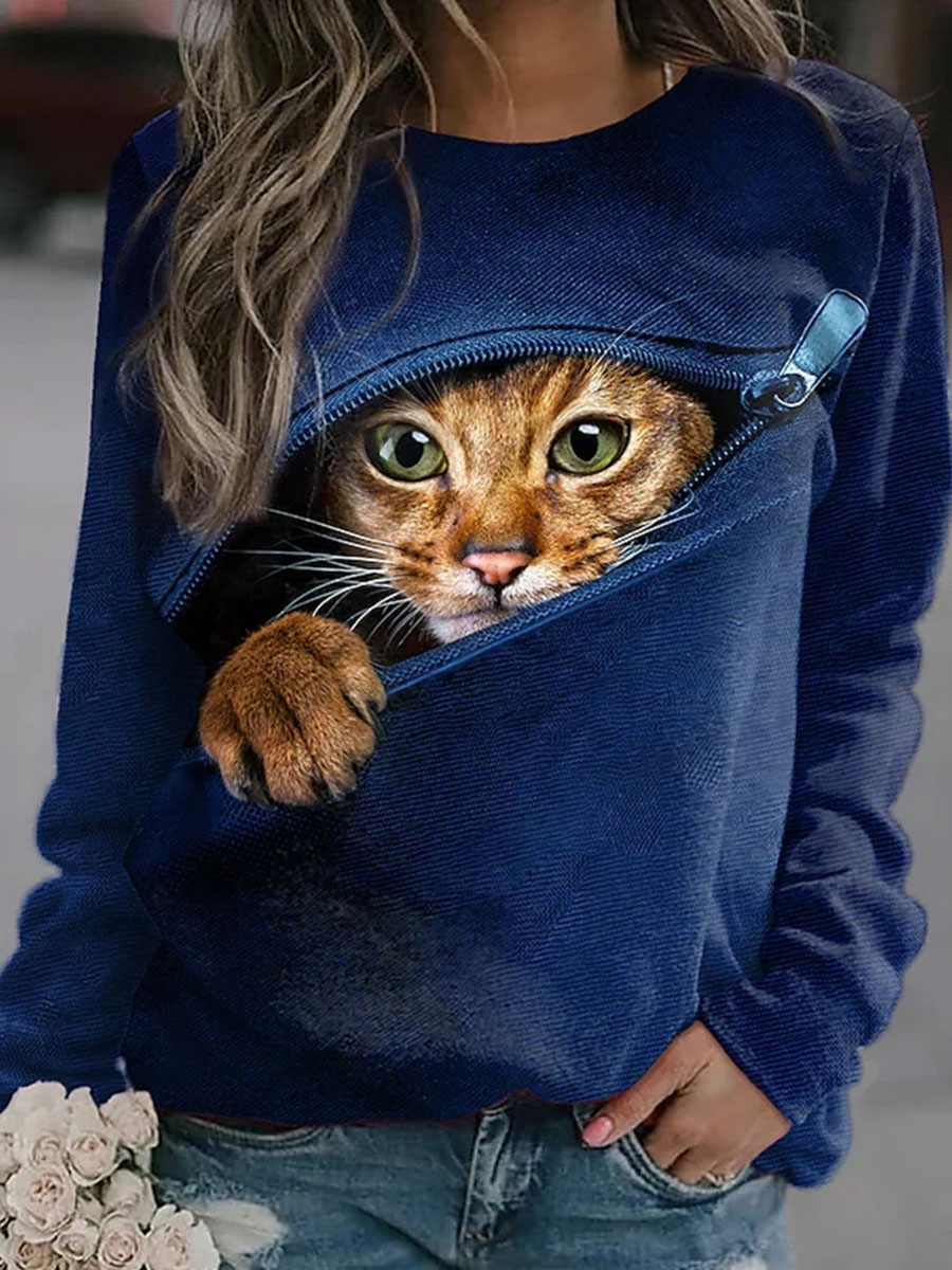 Casual Cat Printed Long Sleeved Sweater