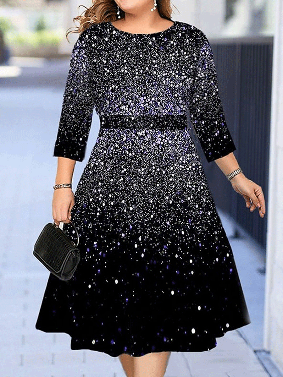 Trendy Gradient 3/4 Sleeve Swing Midi Dress