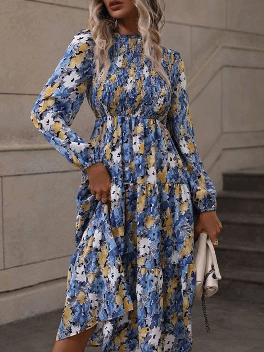 Elegant Chiffon Crew Neck Long Sleeve Elastic Waist Ruffle Midi Dress