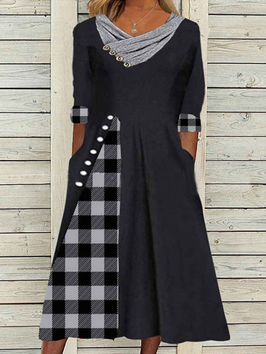 Check Printed Fashion Stack Collar Long Sleeve Casual Maxi Dress