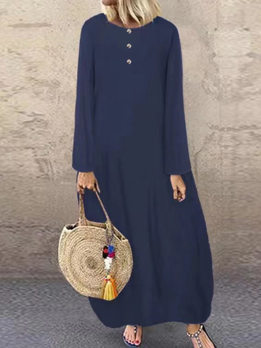 Casual Solid Color Button Long Sleeve Maxi Dress