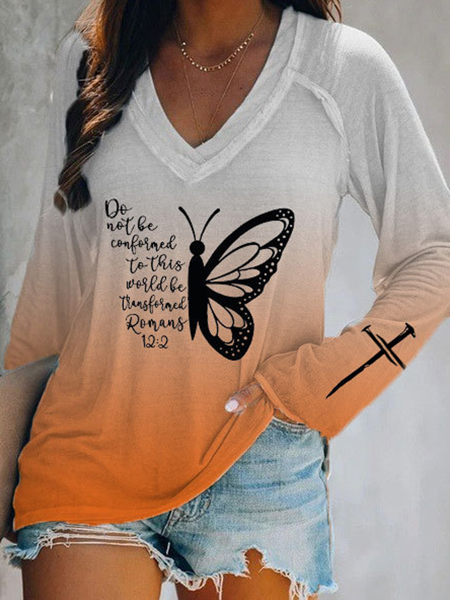 Casual Loose Butterfly Letter Print V Neck Long Sleeve T Shirt