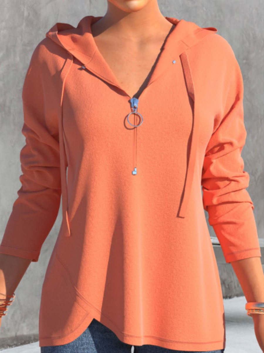 Loose Casual Solid Color Zip Long Sleeve Hooded Sweatshirt