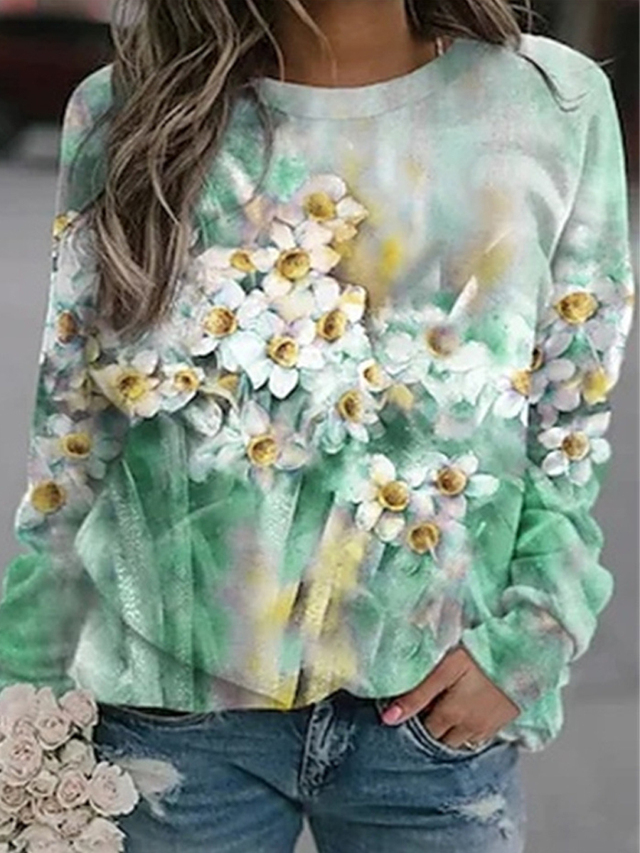 Casual Floral Print Crew Neck Loose Long Sleeve Sweatshirt