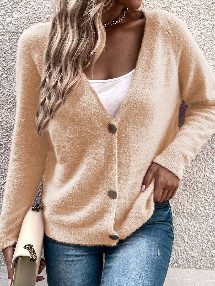 V neck Casual Loose Solid Color Single Breasted Sweater Cardigan