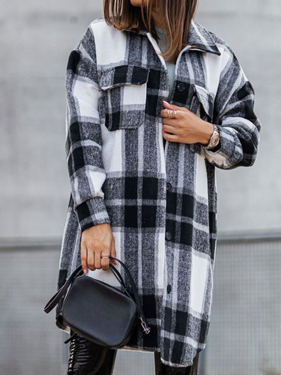 Casual Loose Plaid Single breasted Cardigan Woolen Coat