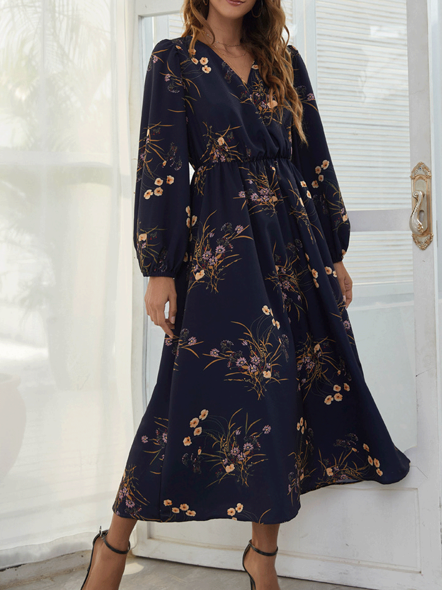 Elegant V neck Printed Casual Resort Long Sleeve Midi Dress