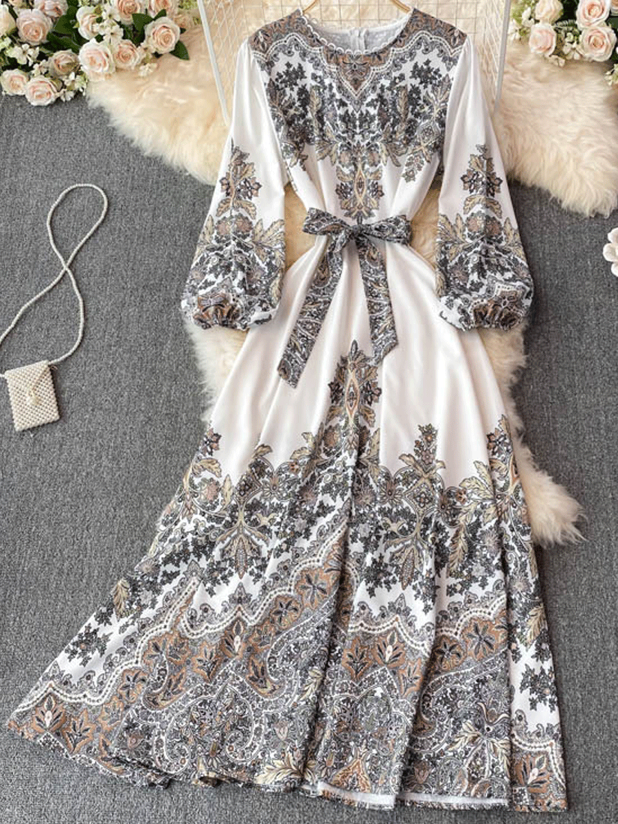 Court Style Retro Print Long sleeved High waisted Slim Round Neck Swing Maxi Dress