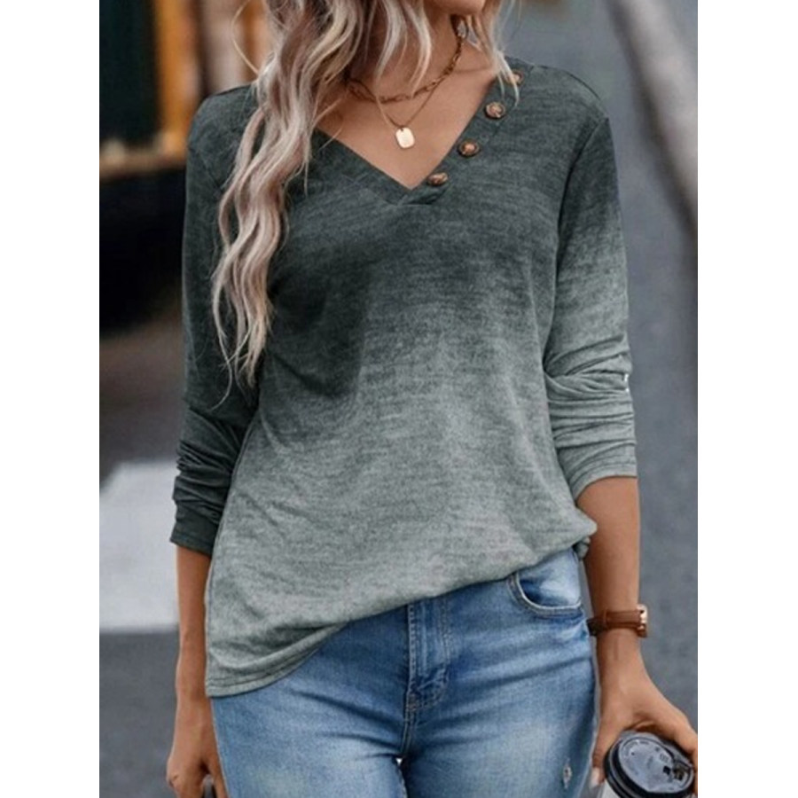 

Casual Solid Color V-Neck Button Long Sleeve T-Shirt