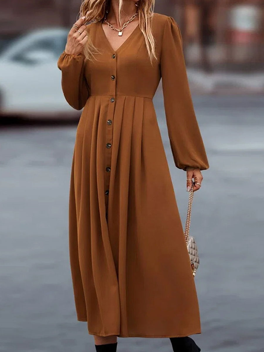 V neck Casual Loose Solid Color Single Breasted Long Sleeve Midi Dress