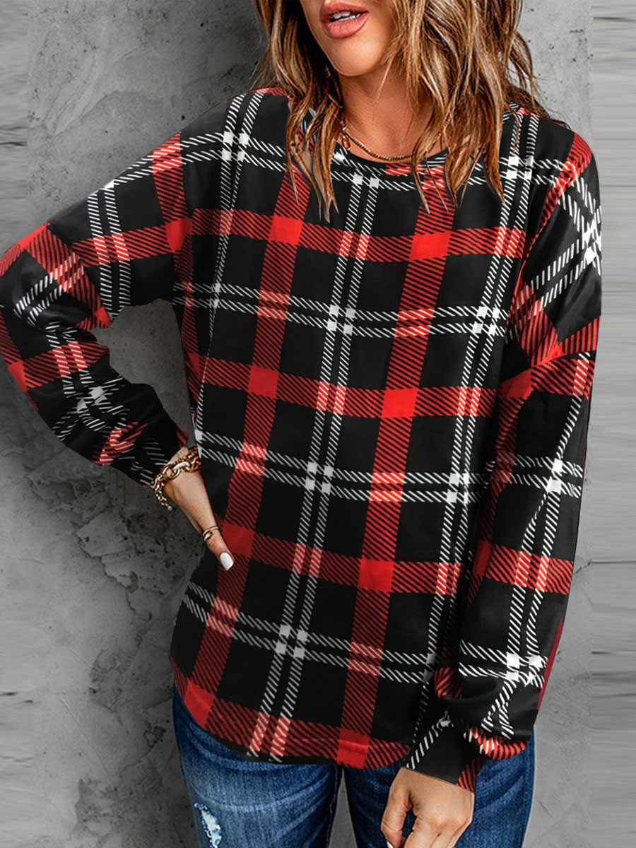 Round Neck Casual Loose Plaid Long sleeved T shirt