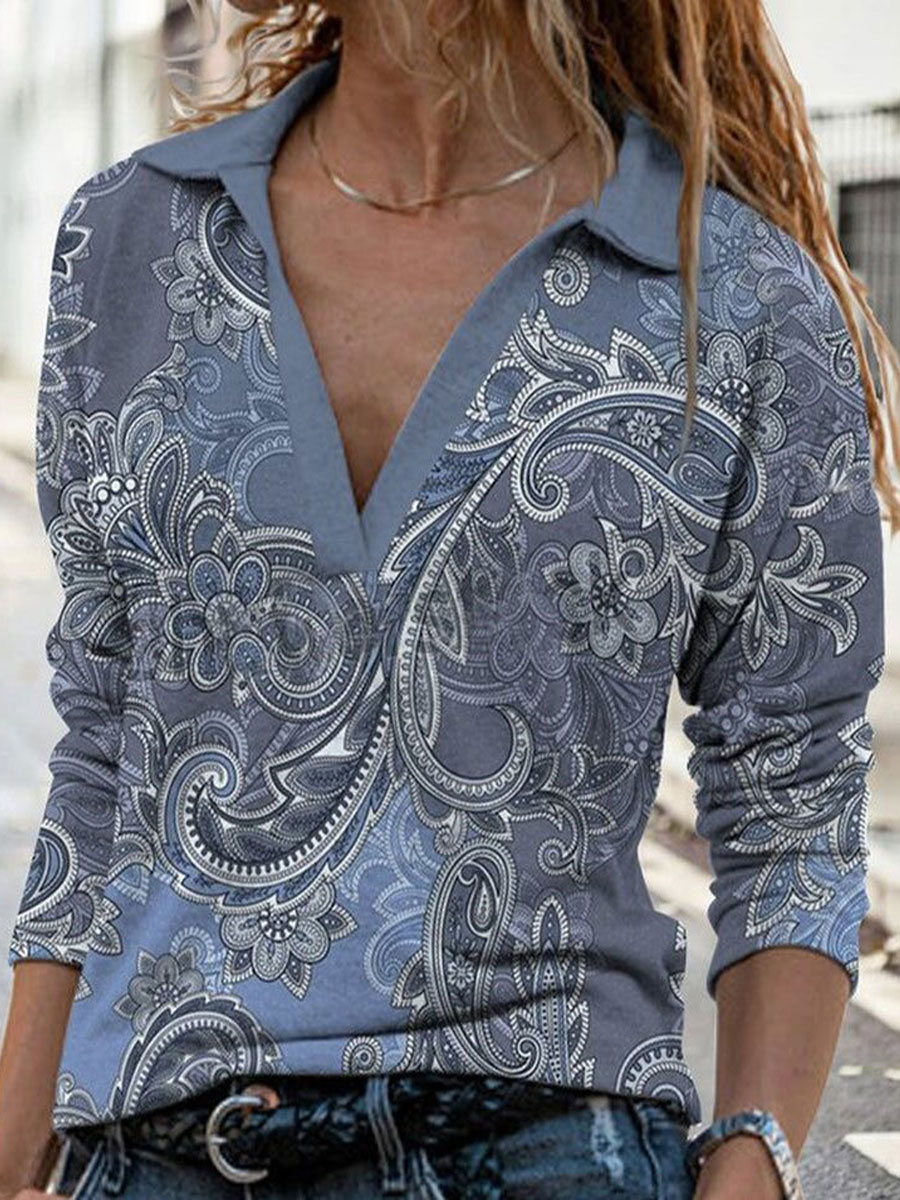 Polo Collar Casual Loose Vintage Print Long Sleeve T shirt