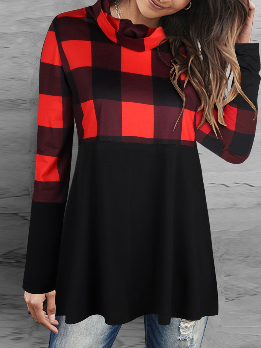 Casual Loose Check Panel Long Sleeve T shirt