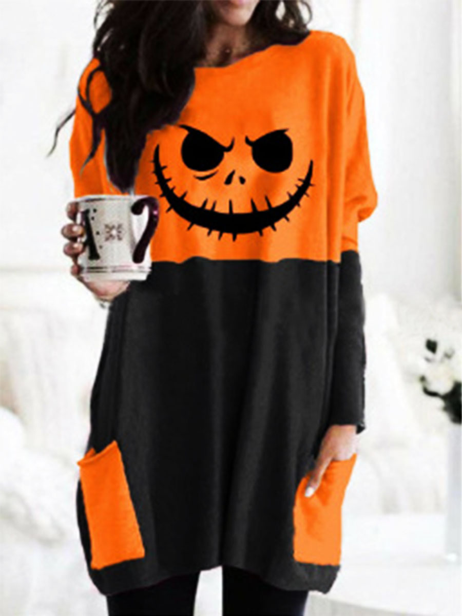Women Halloween Casual Printed Long Sleeve Colorblock T shirt