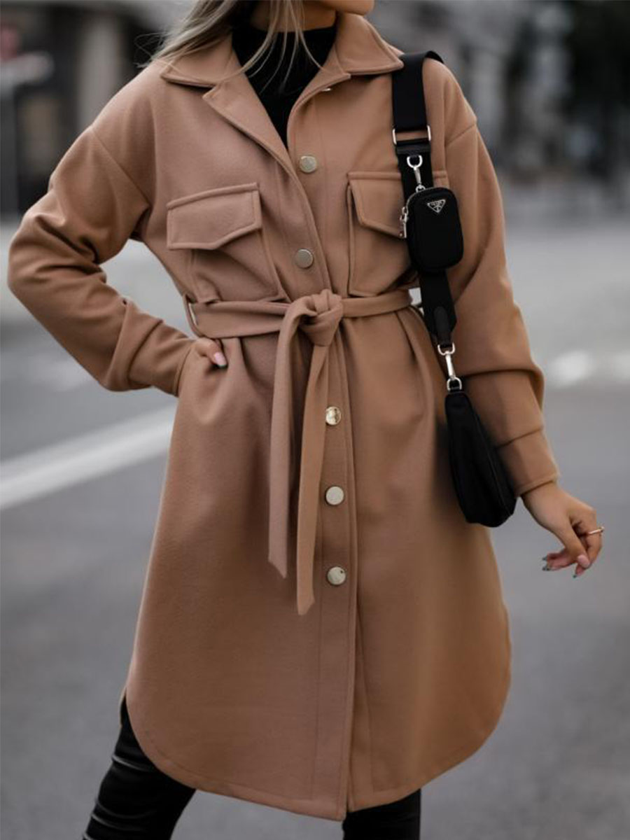 Vintage Belted Turndown Collar Pure Color Overcoat