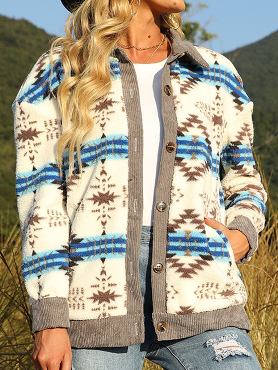 Ethnic Print Stand up Collar Long sleeved Loose Casual Jacket