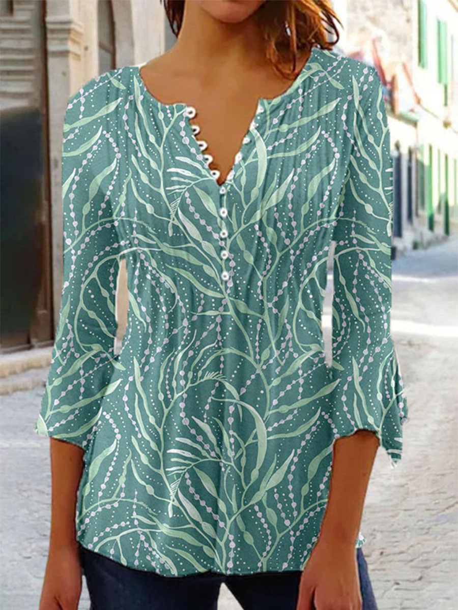 Round Neck Loose Striped Three Quarter Sleeve T Shirt