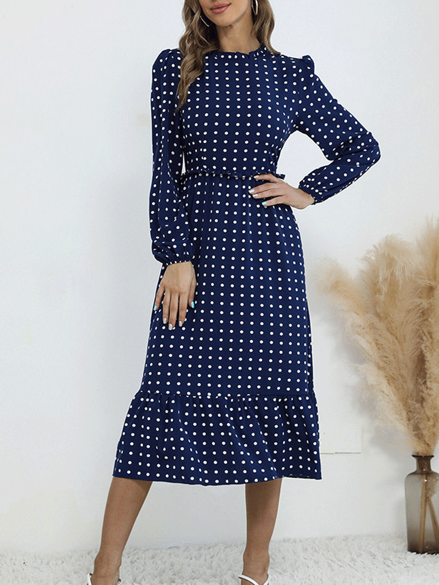 Commuter Style Fungus Skirt Retro Polka Dot Long sleeved Maxi Dress