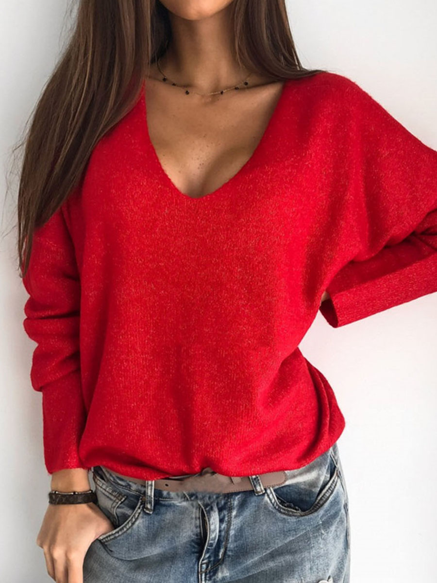 V neck Casual Loose Sweater Solid Color Solid Color Pullover
