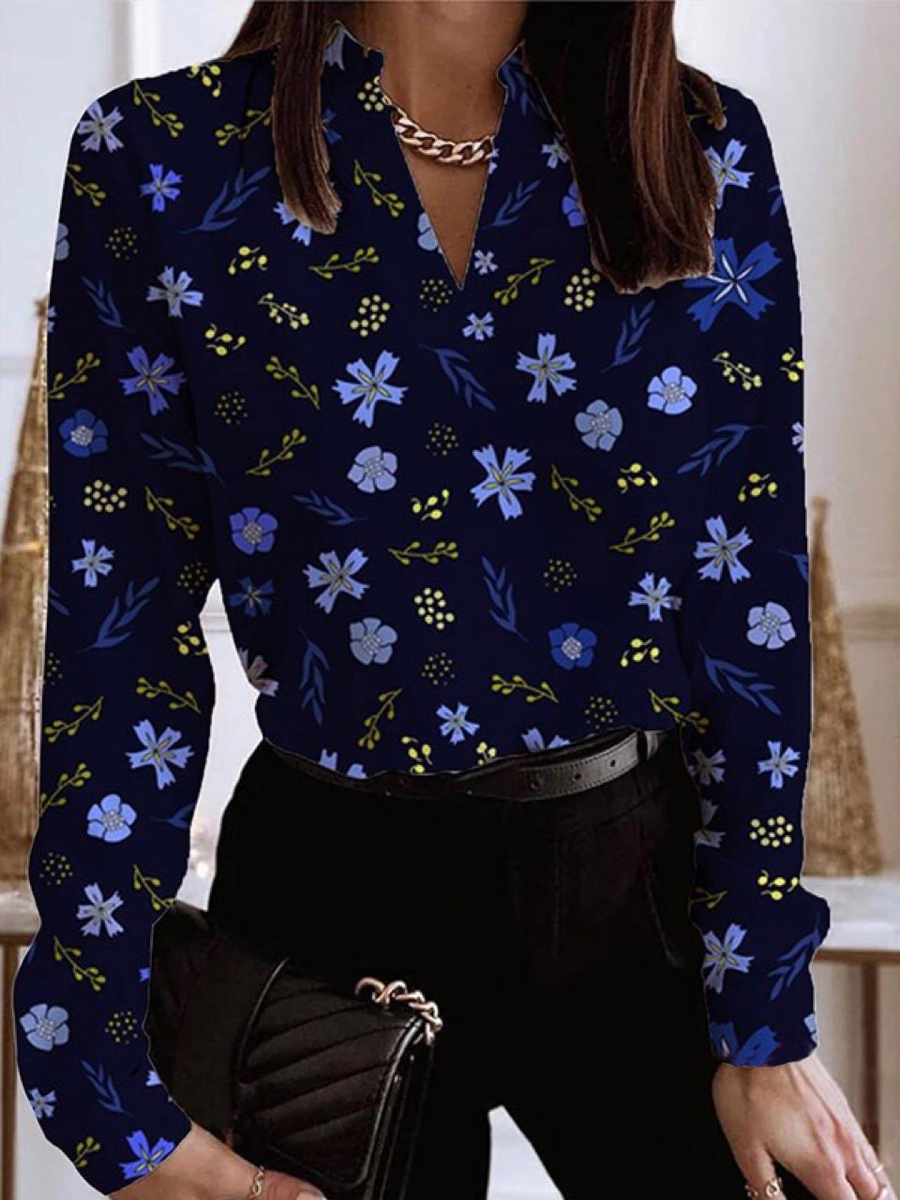 Fashion Long Sleeve Stand Collar Shirt Floral Print Shirt