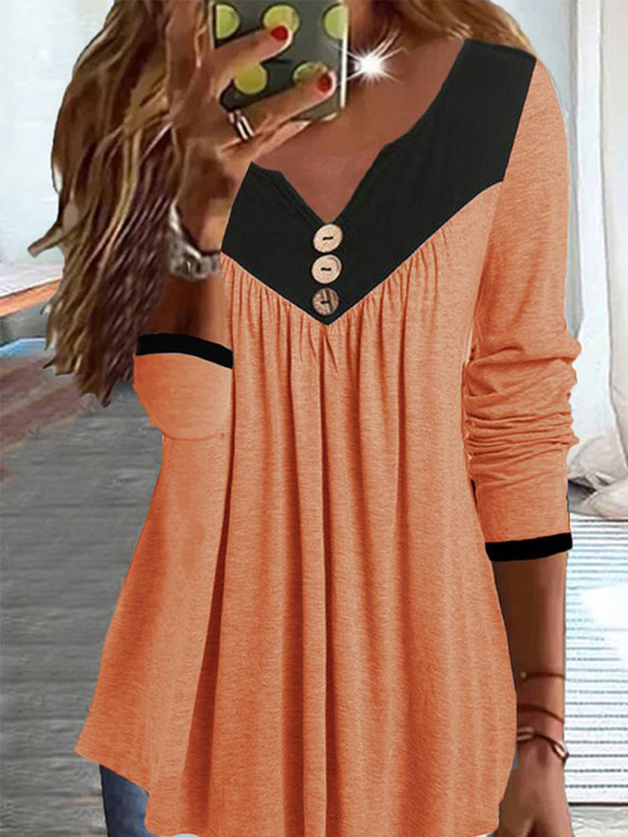 Contrast Stitching Casual Long sleeved T shirt