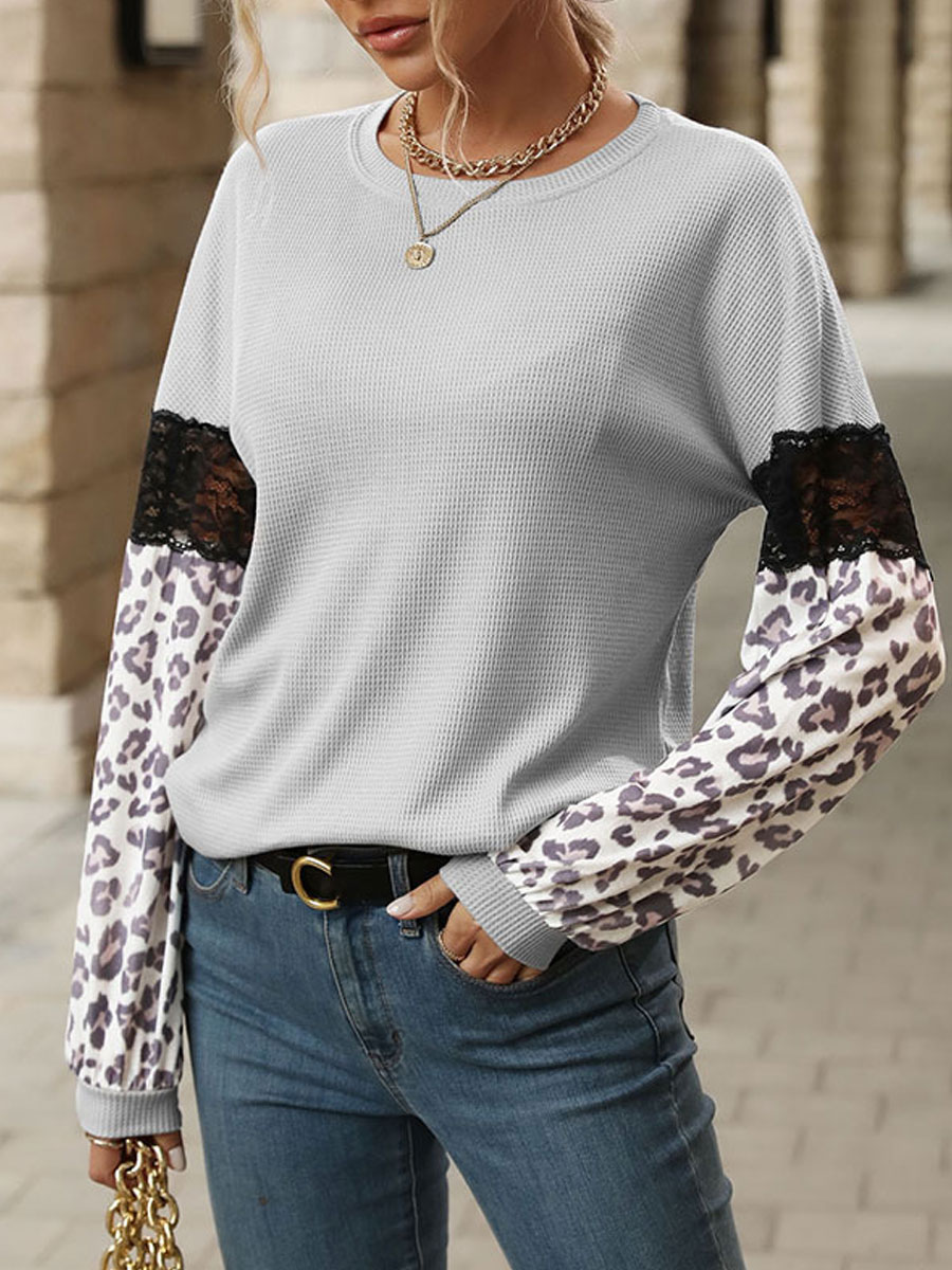 Fashion Leopard Print Lace Patchwork T shirt Long Sleeve Knit Sweater