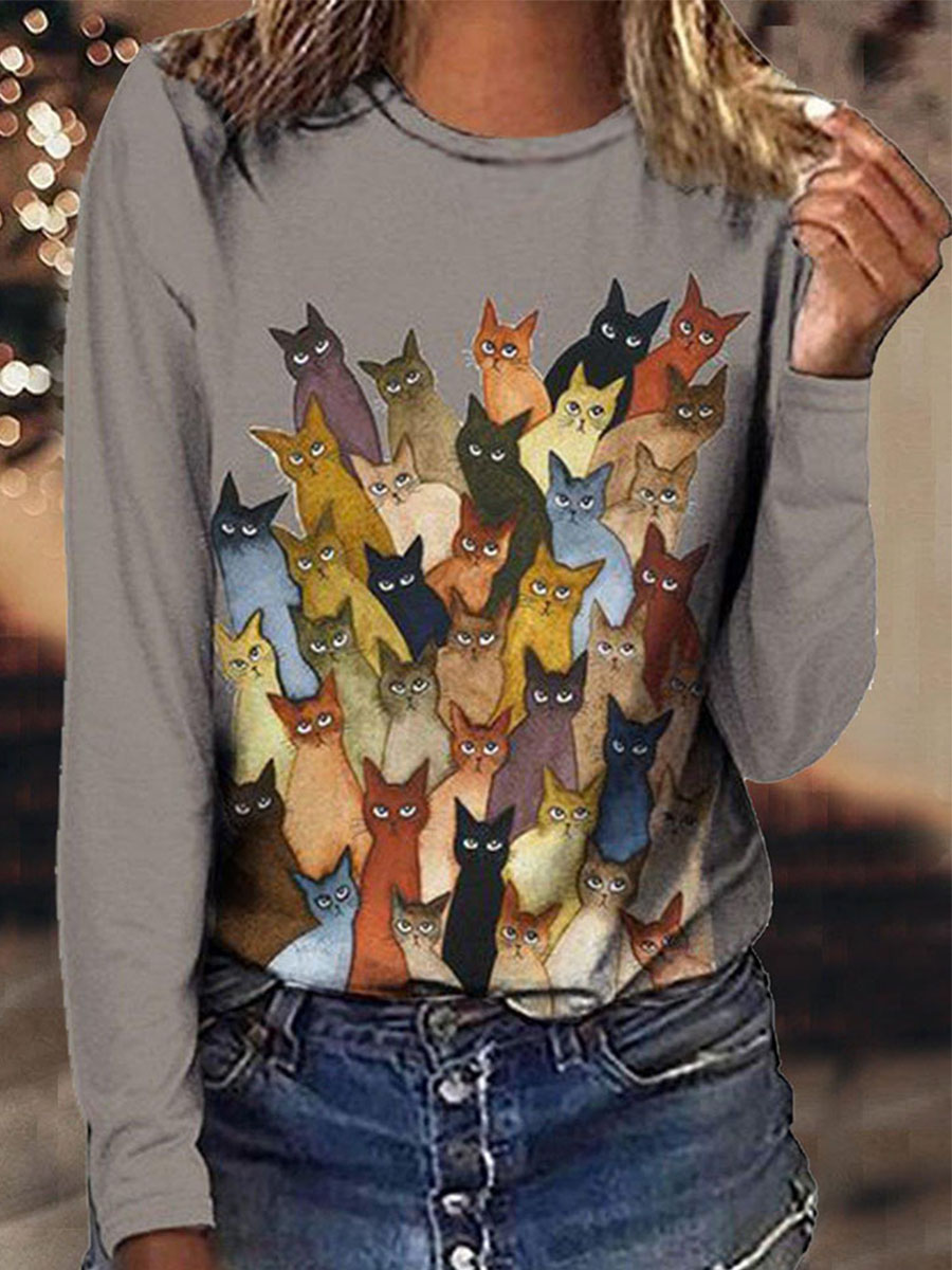 Animal Printed Crew Neck Long Sleeve T Shirt