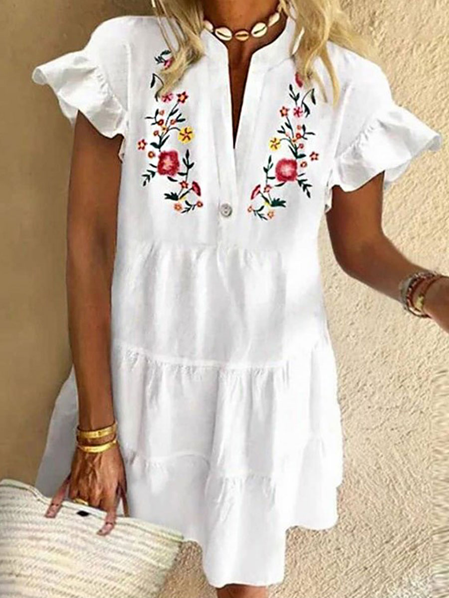 Printed Fringed V neck Mid sleeve Short Dress