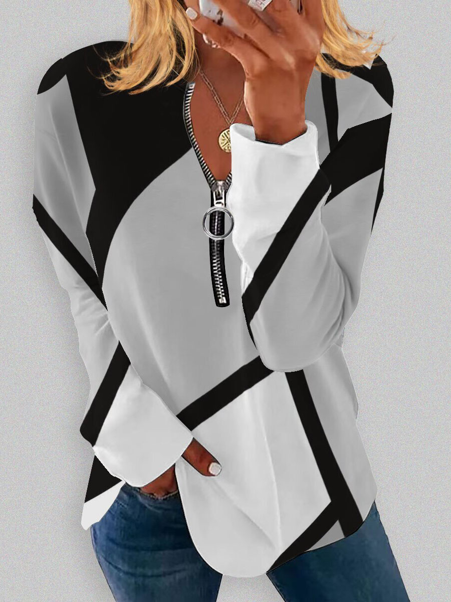 Round Neck Zip Casual Loose Geometric Print Sweatshirt