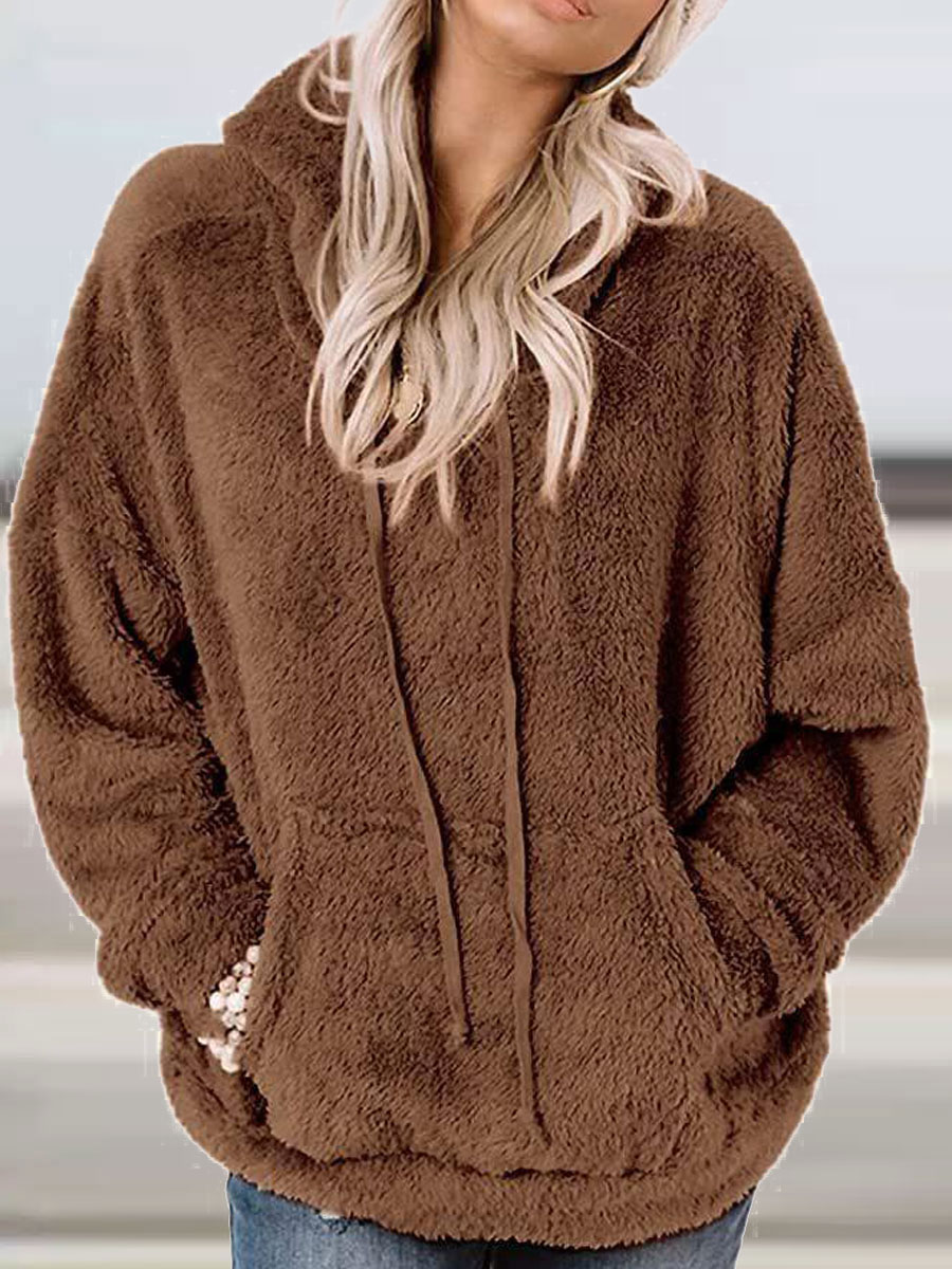 Casual Oversized Solid Pocket Lambsool Hoodie