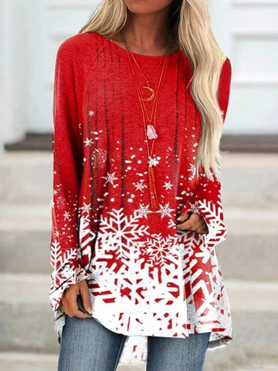 Round Neck Casual Loose Snowflake Print Long Sleeve T shirt