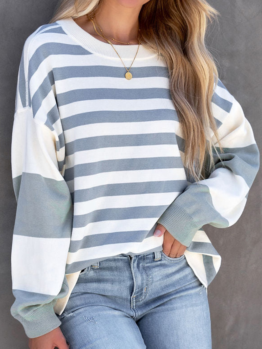 Casual Round Collar Striped Long sleeved Sweatshirt