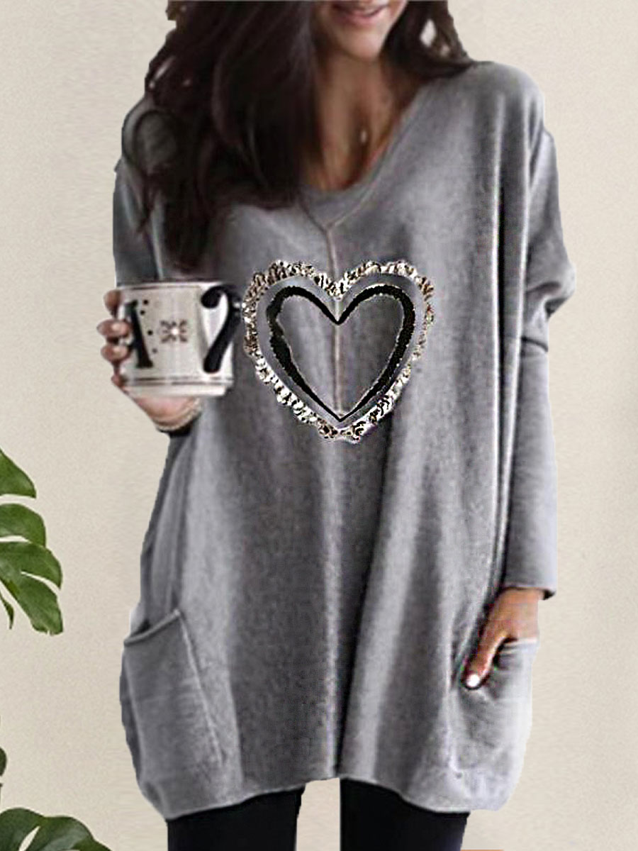Solid Color Heart Print Long Sleeve V neck Loose Mid length T shirt