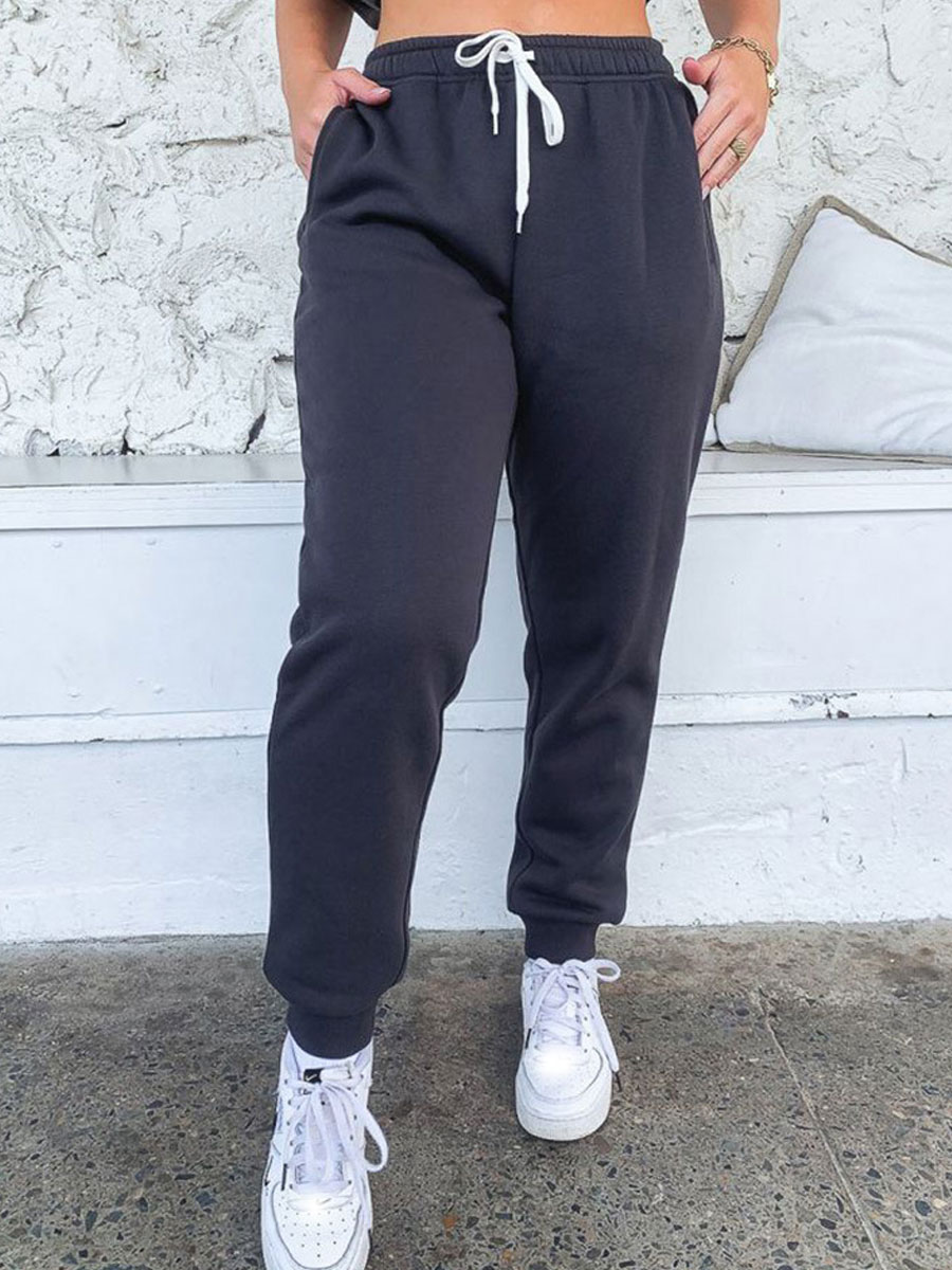 Solid Color Lace Up Sports Pants Home Leisure Thickened Sweater Pants