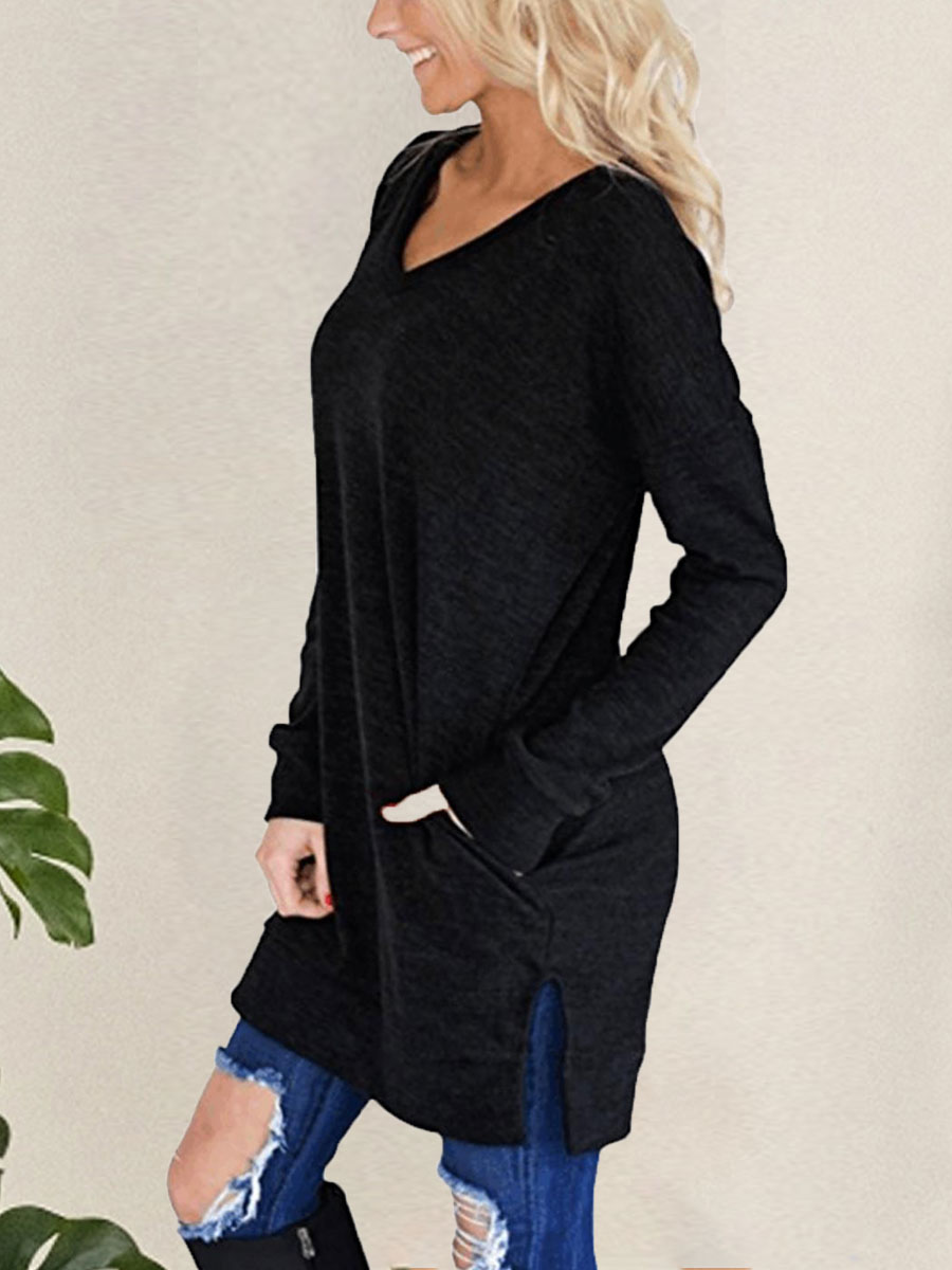 Loose Solid Color Long Sleeve V neck Pocket Slit T shirt