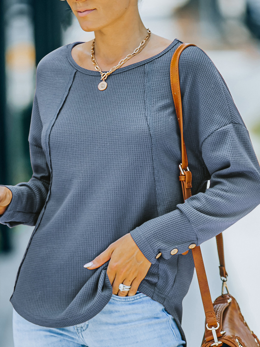 Round Neck Solid Color Casual Loose Long sleeved T shirt
