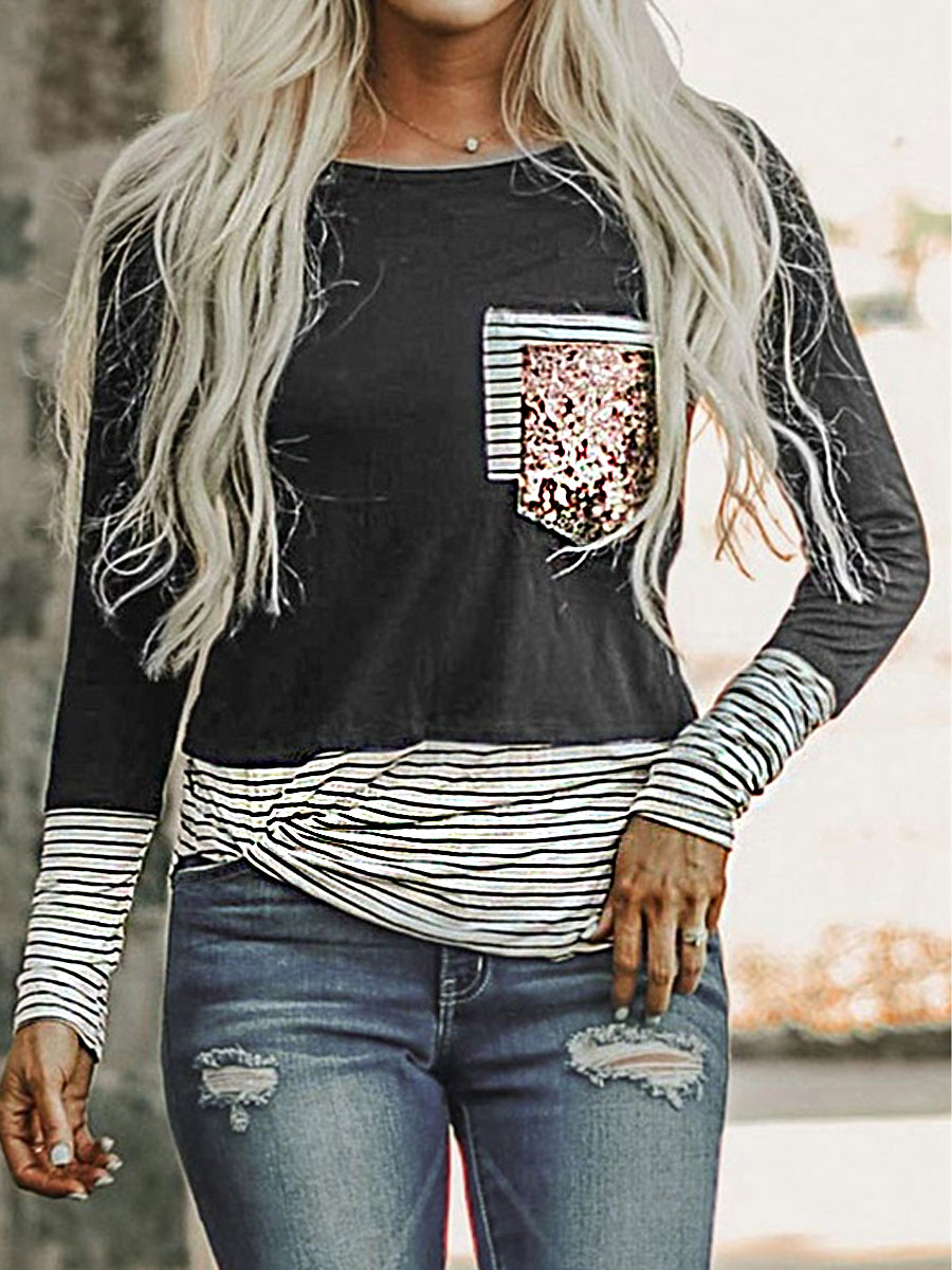 Striped Casual Sequin Pocket Long Sleeve T shirt