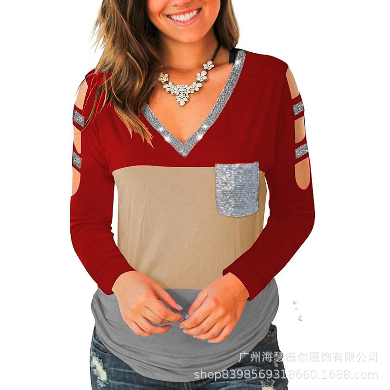V neck Diamond Pocket Multicolor Top Long Sleeve T shirt