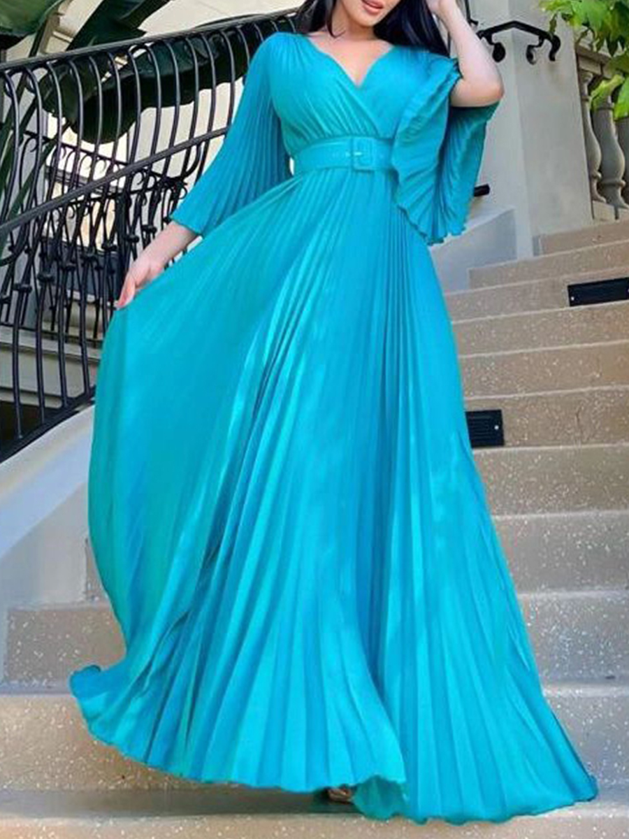 Ladies Elegant New V Neck Pleated Dinner Party Swing Dress Long Dress