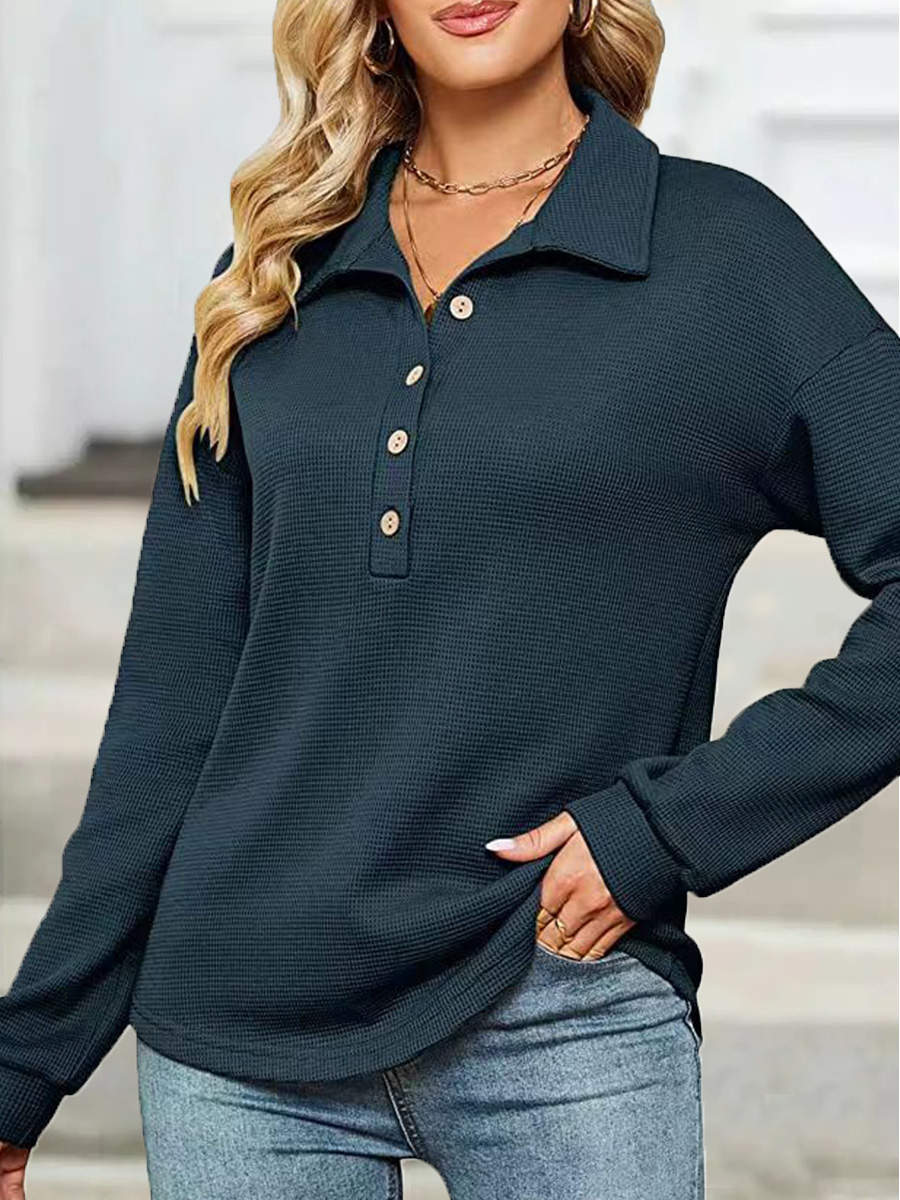 Casual Solid Color Lapel Long Sleeve Knitting Blouse