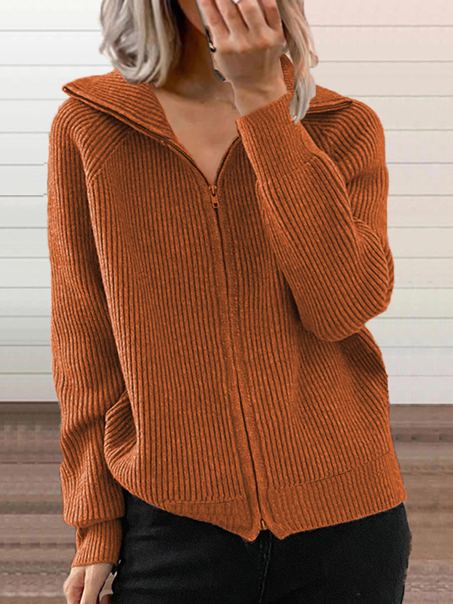 Classic Casual Pure Color Zip Long Sleeve Knit Jacket