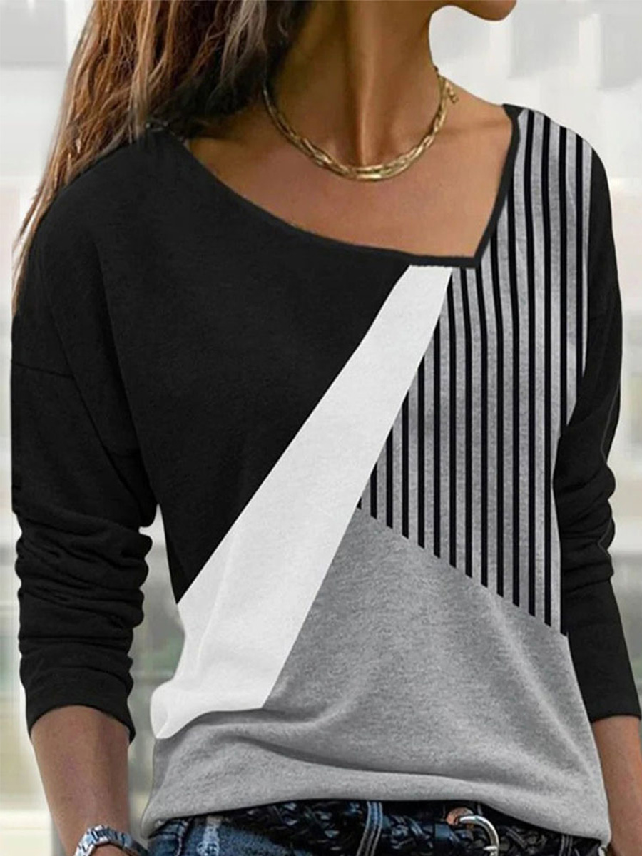 Striped Casual Daily Loose Regular H Line Medium Elasticity T shirt