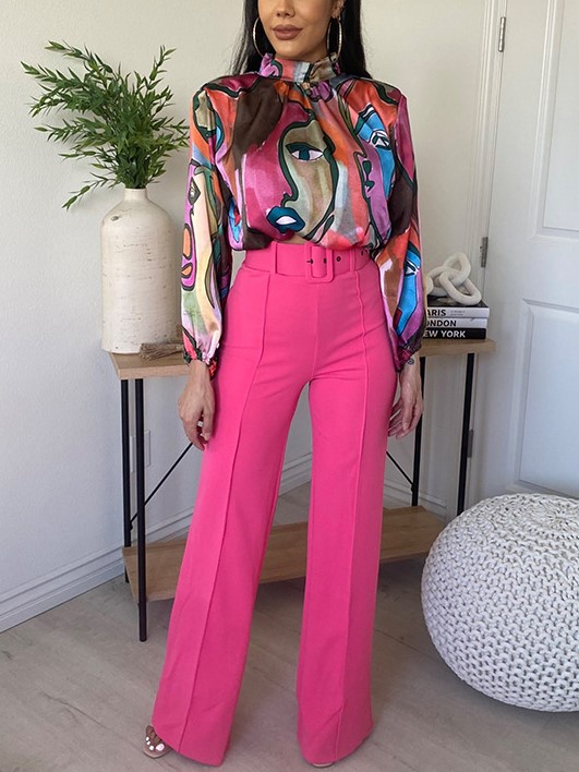 Women's Fashion Elegant Portrait Print Long Sleeve Shirt Straight Leg Pants Two Piece Set
