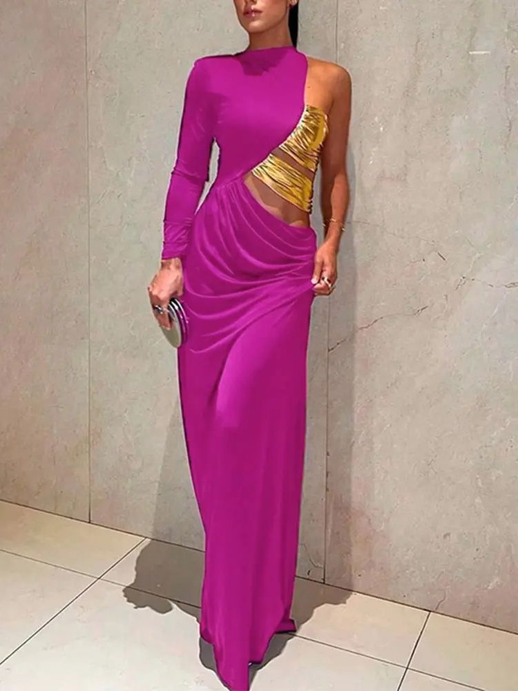 Ladies Elegant And Fashionable New Sloping Shoulder Waist Slimming Irregular Color Matching Dinner Party Long Dress