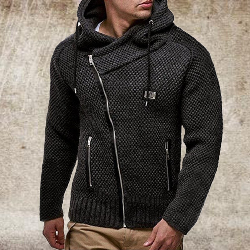 Men's Retro Fashion Diagonal Chic Zipper Black Long Sleeve Thickened Sweater Cardigan