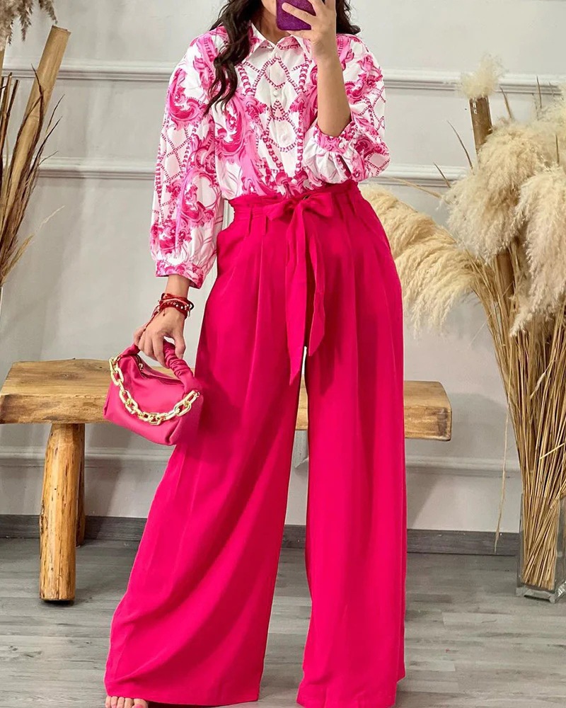 Ladies Elegant Fashion Casual Printed Single Breasted Shirt High Waist Lace Up Wide Leg Pants Set