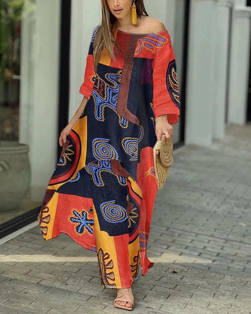 Ladies Elegant Fashion Print Loose Irregular Wide Leg Pants Two Piece Suit
